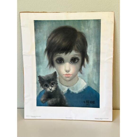 Vtg Print Girl And Her Cat 1961 Margaret Keane Big Eye No Frame 15x12” - Picture 1 of 11